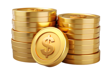 Photo of two stacks of shiny gold coins with a dollar sign on the front coin, symbolizing financial growth, investment, and monetary value, isolated on a transparent background