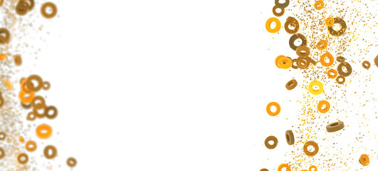 Abstract festive background with golden and orange rings and confetti. Perfect for celebrations.