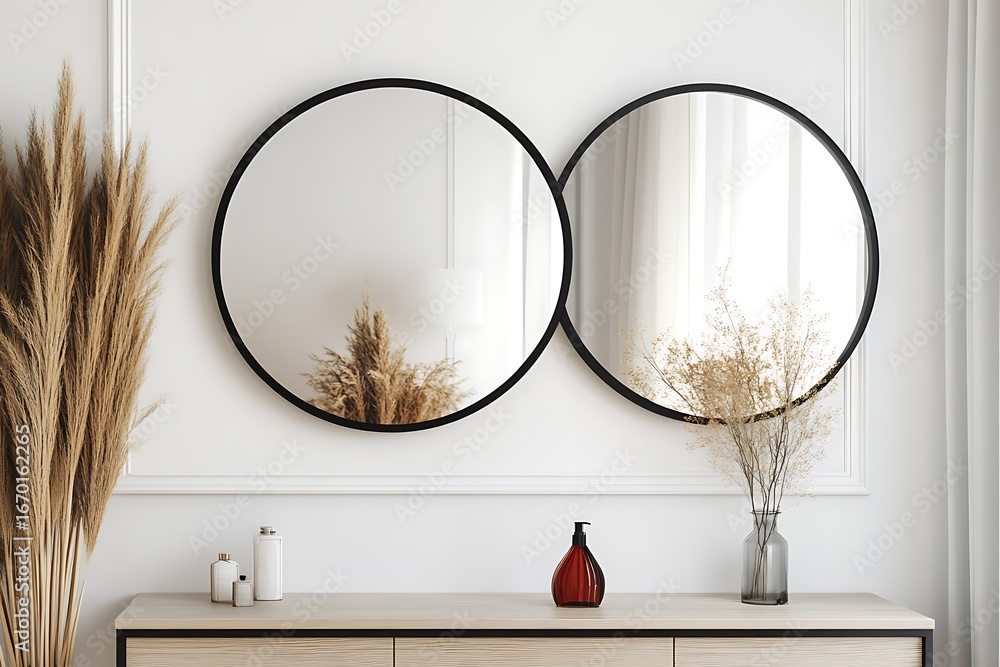 Poster thin-line double round mirrors mounted side by side above a low minimalistic console