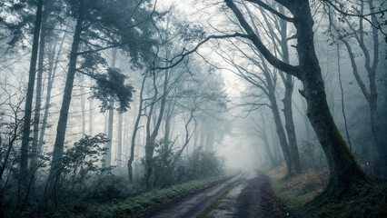depicts a foggy, misty forest with a dirt path winding through the center. The trees are tall and dense, creating a mystical and serene atmosphere.
