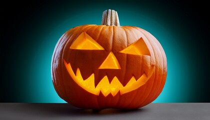 Fototapeta premium a creepy carved halloween pumpkin jack o lantern with glowing eyes and mouth cut out on transparent background for october season celebration vegetable fruit