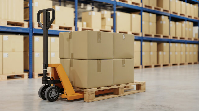 Cardboard boxes on hand pallet trucks in the warehouse.