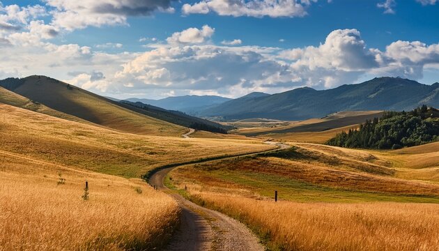 majestic winding path through golden fields and rolling mountains on a sunny day amidst fluffy clouds