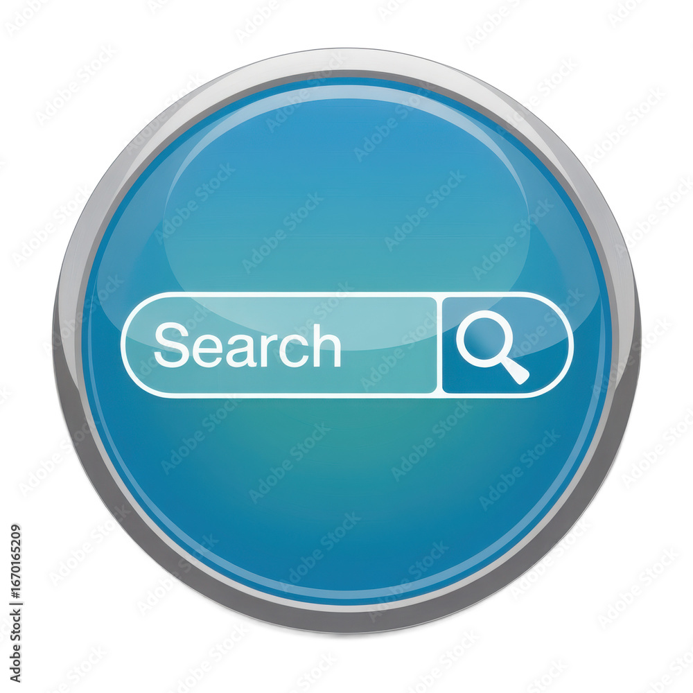 Poster close-up view of a stylized circular blue search button with a prominent white search bar and magnif