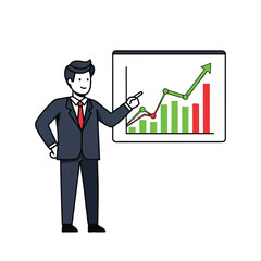Man in a suit points to a graph with green and red barslines on a white background
