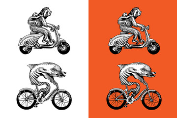 Animal characters on vehicle. Sloth with a baby on a scooter and dolphin on a bike. Modern concept in vintage look. Hand drawn engraving, woodcut style for sport events, emblems, beverages, cartoon