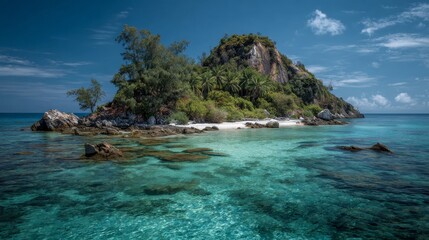 Obraz premium Tropical island paradise with turquoise waters and lush green vegetation under a sunny blue sky