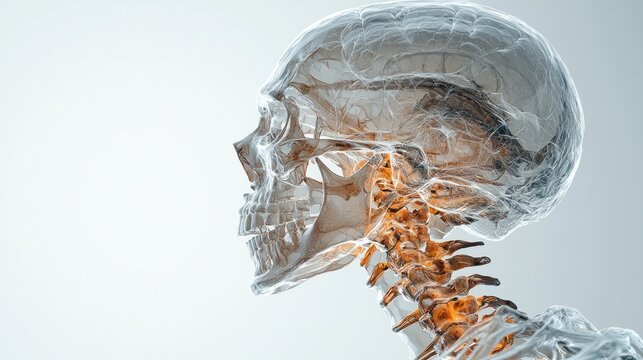 3D anatomical rendering of a human head and neck, showing the skull and spine in translucent, light-orange and white