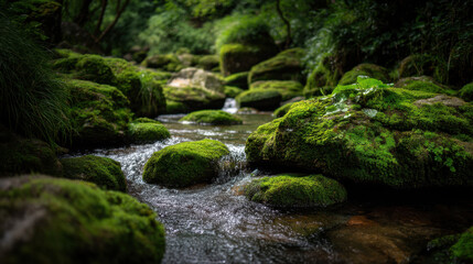Obraz premium Serene stream flows gently over moss covered rocks in lush green forest. vibrant moss adds touch of tranquility to natural landscape, creating peaceful atmosphere