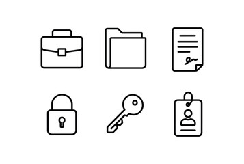 Fototapeta na wymiar simple outline stroke icon isolated on white background: briefcase handle business file contract paper lock clasp office key work tag
