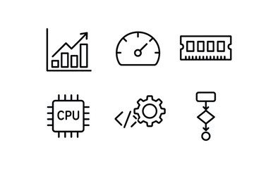 Fototapeta premium simple outline stroke icon isolated on white background: optimization chart speed dial memory bar cpu core code gear process flow