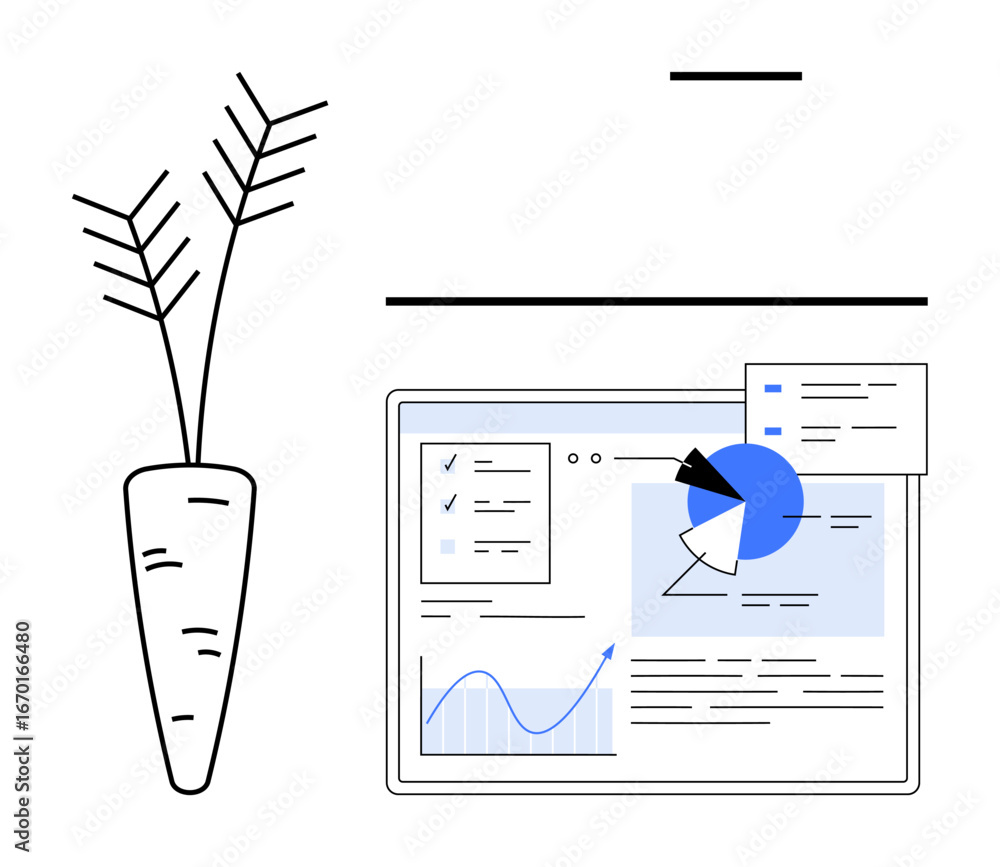 Poster analytical dashboard on a computer screen showcasing charts, graphs, and data insights with a potted