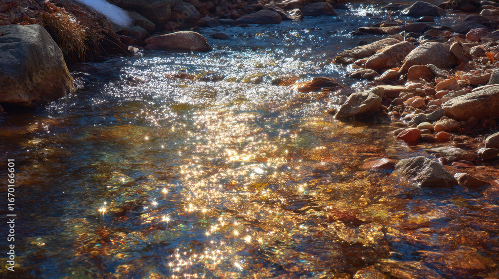 Aufkleber serene stream flows gently over colorful pebbles, reflecting sunlight that creates sparkling effect 