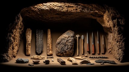 Ancient tools displayed in cave setting