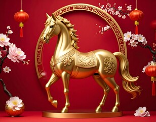 Golden horse figurine with Chinese New Year decorations