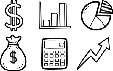 Fototapeta premium Financial Icons: Money Bag, Dollar, Graph, Pie Chart, Calculator, Growth Arrow
