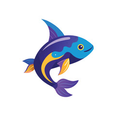 Whimsical cartoon fish with vibrant blue and purple scales and yellow accents