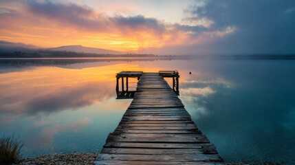 Obraz premium A stunning sunrise paints the sky over a calm lake with a wooden pier.