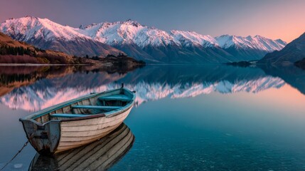 Obraz premium A beautiful sunset illuminates a rowboat on a calm lake in the mountains.