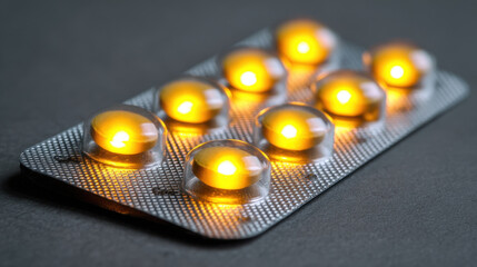Bright yellow capsules arranged in blister pack create striking visual. shiny surface reflects light, enhancing vibrant color. This captures essence of health and wellness