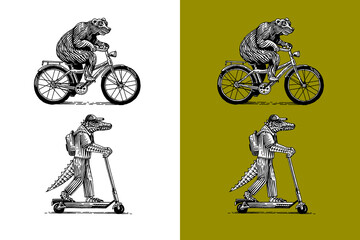Bear on bicycle and crocodile on scooter. Animal characters on vehicle. Modern concept in vintage look. Hand drawn engraving, woodcut style for sport events, emblems, beverages, cartoon