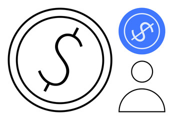 Dollar sign inside a circular coin outline paired with a user icon. Ideal for finance, economy, banking, payments, savings, user account, budgeting. Minimalistic simple flat metaphor