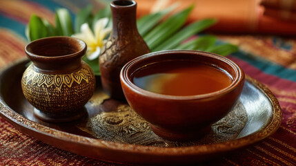 Beautifully arranged traditional tea set featuring large bowl, small decorative pot, and slender vessel, all placed wooden tray. warm colors and intricate designs evoke sense of cultural richness