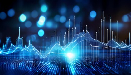 abstract digital stock market chart with glowing blue lines and bokeh effects representing financial growth and analysis