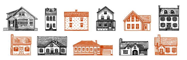 American and European houses, French villa and mansion. Hand drawn, engraved building with one or two floors. Suburban Real estate property icon. Drawing