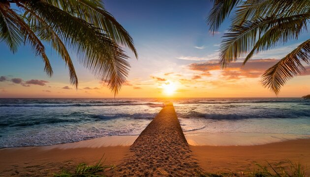 idyllic tropical beach pathway framed by lush palm trees leading to a vibrant sunset over the ocean waves