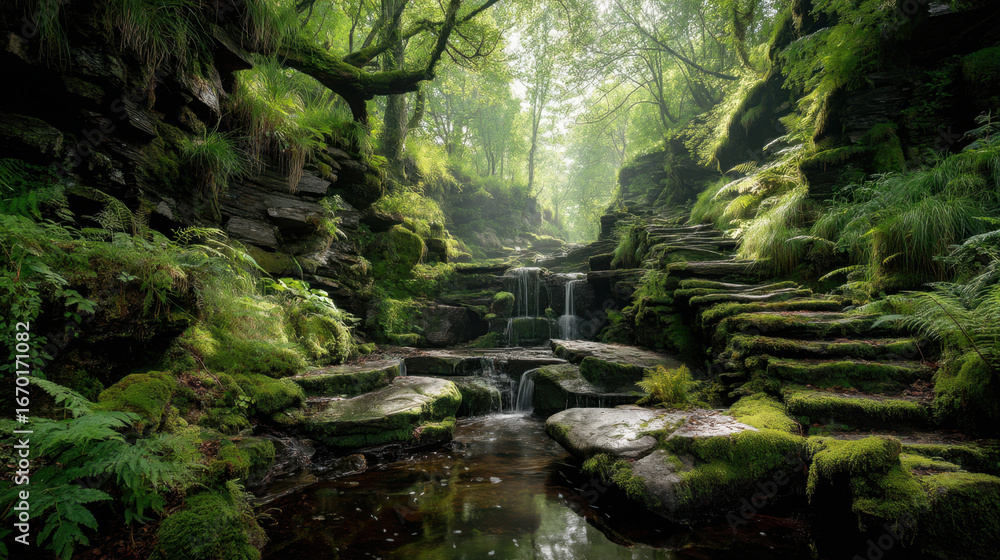 Poster serene forest scene featuring tranquil stream flowing through lush greenery, surrounded by moss cove