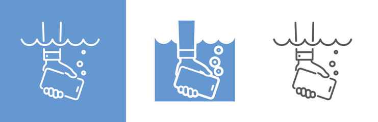 flat and linear set icons, icon of phone underwater, wet mobile in hand, waterproof smartphone, simple symbols on white and black background - editable stroke vector illustration