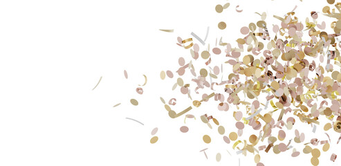 Beautiful image of rose gold and gold confetti falling on white background. Perfect for party invitations, celebrations, and festive designs.