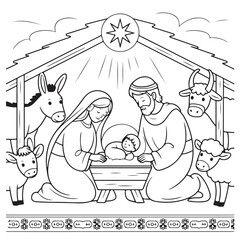 Christmas nativity scene  outline coloring book page line art  silhouette