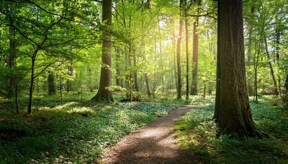 sunny forest pathway tranquil nature trails and scenic dappled sunlight in lush woodland