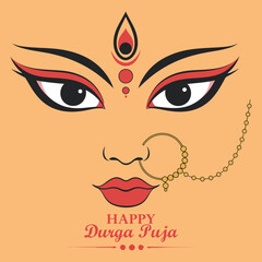Happy Durga Puja Greeting Card with Goddess Face and Red Bindi