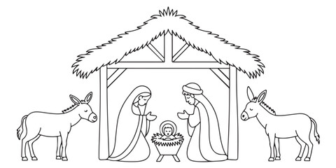 Christmas nativity scene  outline coloring book page line art  silhouette