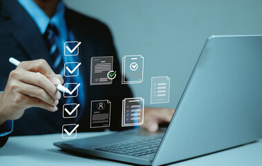 Businessman working with sign of the top service Quality assurance, Guarantee, Standards, ISO certification and standardization concept, Quality management with Quality Assurance and Quality Control.