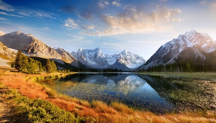 Naklejka premium painting of a mountain range with a lake in the foreground