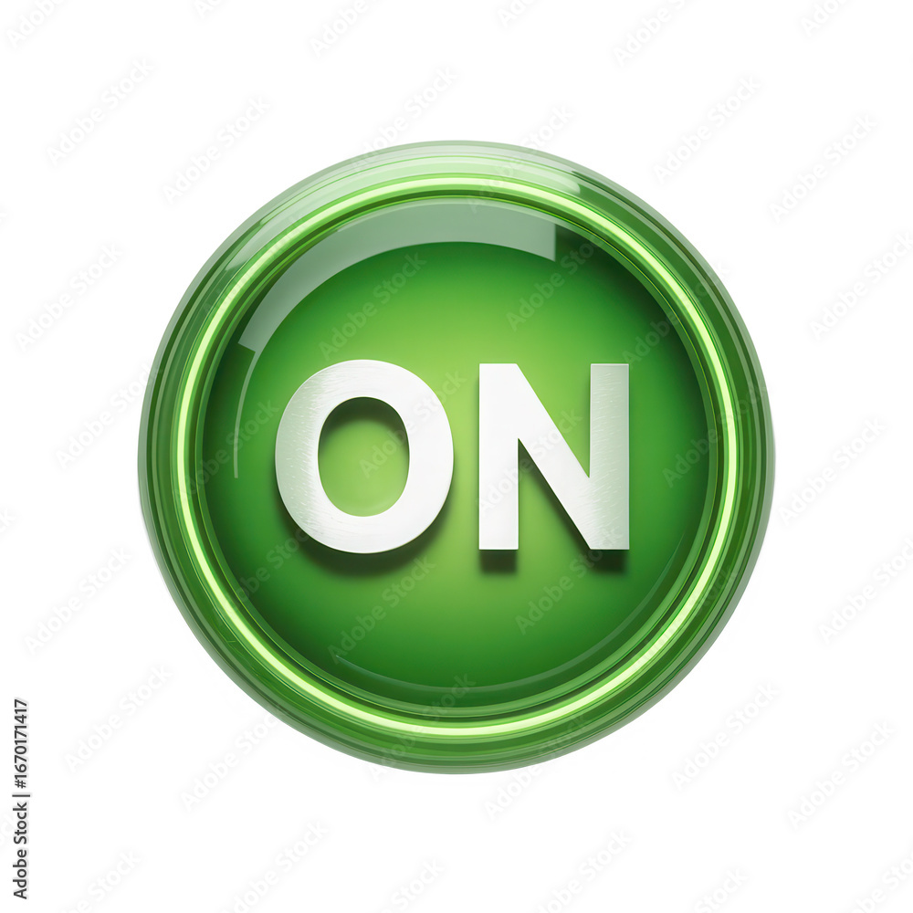 Poster illuminated green on button with realistic glossy effect power control symbol for digital interfaces