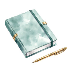 Watercolor closed planner with elastic band and gold pen, school and office supplies illustration, isolated