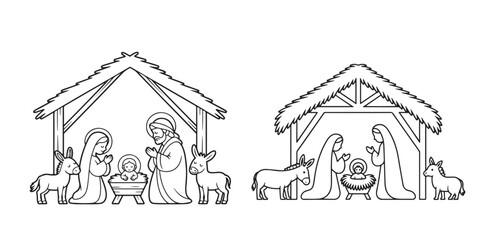 Christmas nativity scene  outline coloring book page line art  silhouette