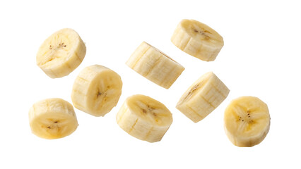 flying delicious banana slices cut out isolated on white background