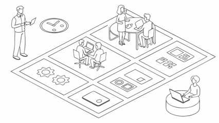 Isometric Illustration of a Modern Office Workspace with People Working on Computers and in Meetings.