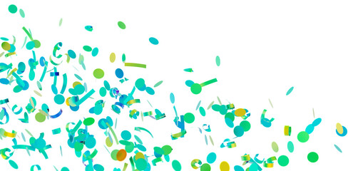 Bright teal and yellow confetti falling on white. Perfect for festive designs, celebrations, and party invitations.