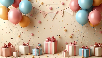 Pastel Birthday Party Scene with Balloons Gifts and Confetti celebration