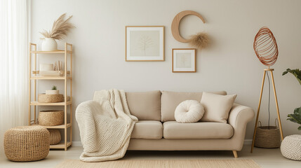 “Cozy Living Room Interior with Sofa, Plaid Blanket, Lamp and Mirror”