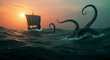 A dramatic scene of a Viking longship sailing on a turbulent sea at sunset, being attacked by a colossal kraken with multiple tentacles emerging from the dark waters.
