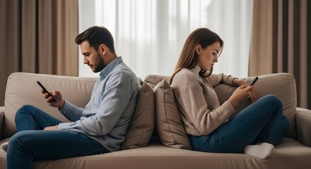 broken relationship Couple Engaged with Phones in a Cozy Living Room Setting