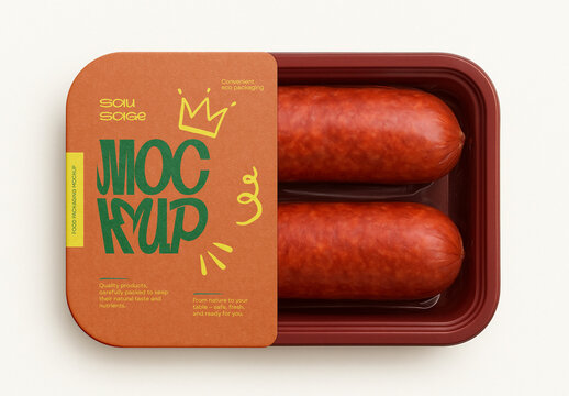 Template Sausage Packaging Mockup &ndash; Realistic Food Container with Plastic Tray and Label for Meat Branding Design